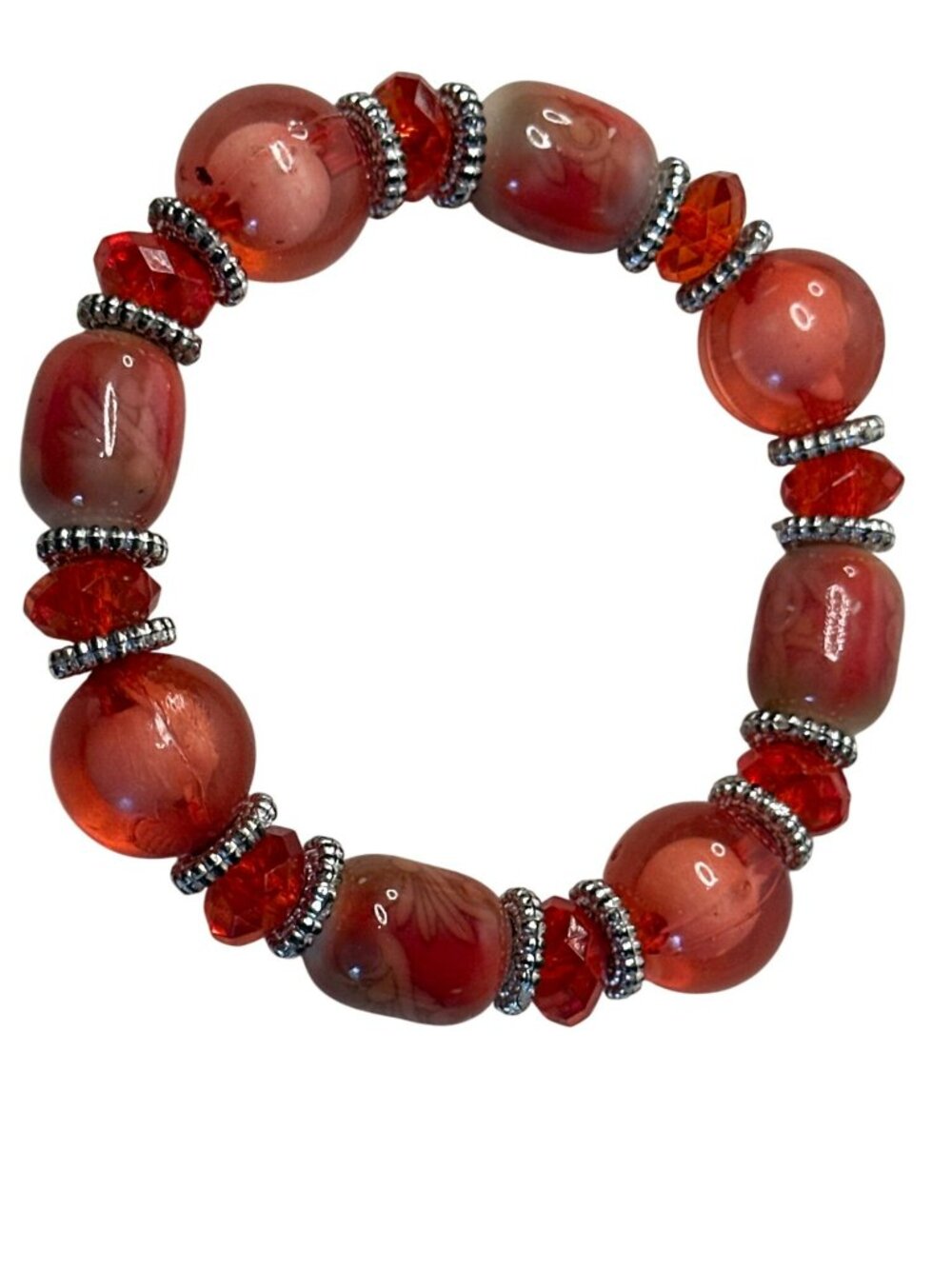 Red Glass Beaded Stretch Bracelet Silver Accents Jewelry Stackable Boho Chunky